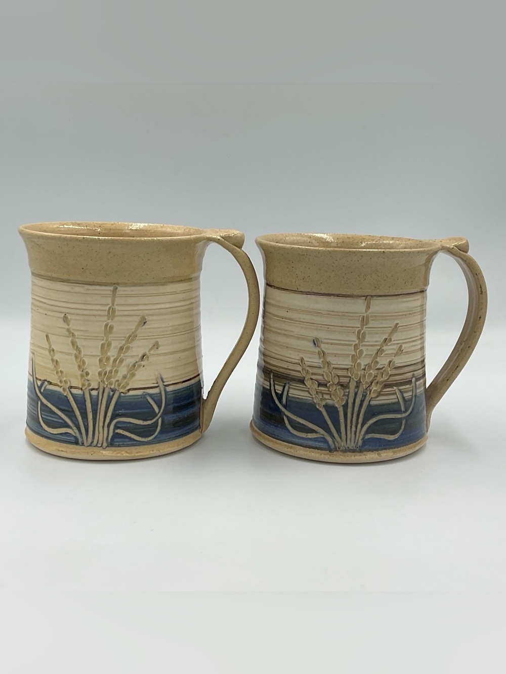 Barrows Studio Pottery Handcrafted Beige and Blue Wheat Stoneware Mugs -Set of 2